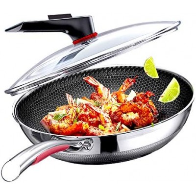 MEGOO Kitchenware cookwear Non Stick Wok Pan with Lid,(PFA,PFOA Free),Frying Wok Pan Suitable for Induction,Gas Cooktops,Ceramic and Electric Stove (Stainless Steel, 12.6 Inch)