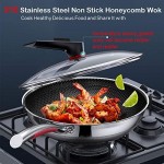 MEGOO Kitchenware cookwear Non Stick Wok Pan with Lid,(PFA,PFOA Free),Frying Wok Pan Suitable for Induction,Gas Cooktops,Ceramic and Electric Stove (Stainless Steel, 12.6 Inch)