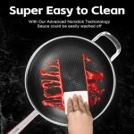MEGOO Kitchenware cookwear Non Stick Wok Pan with Lid,(PFA,PFOA Free),Frying Wok Pan Suitable for Induction,Gas Cooktops,Ceramic and Electric Stove (Stainless Steel, 12.6 Inch)
