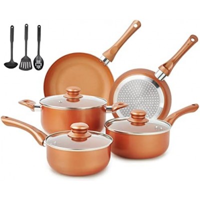 M MELENTA Pots and Pans Set Ultra Nonstick, Pre-Installed 11pcs Cookware Set Copper with Ceramic Coating, Stay cool handle & Nylon Kitchen Utensils, Gas/Induction Compatible, 100% PFOA Free