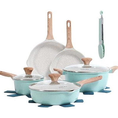 KOLEX Nonstick Cookware Sets,12-Piece Kitchenware Pots and Pans Set Granite Coating,Includes Frying Pans,Deep Frying pans,Stockpots And Cooking Tools,Suitable For All Stove ,100% PFOA Free,Turquoise.