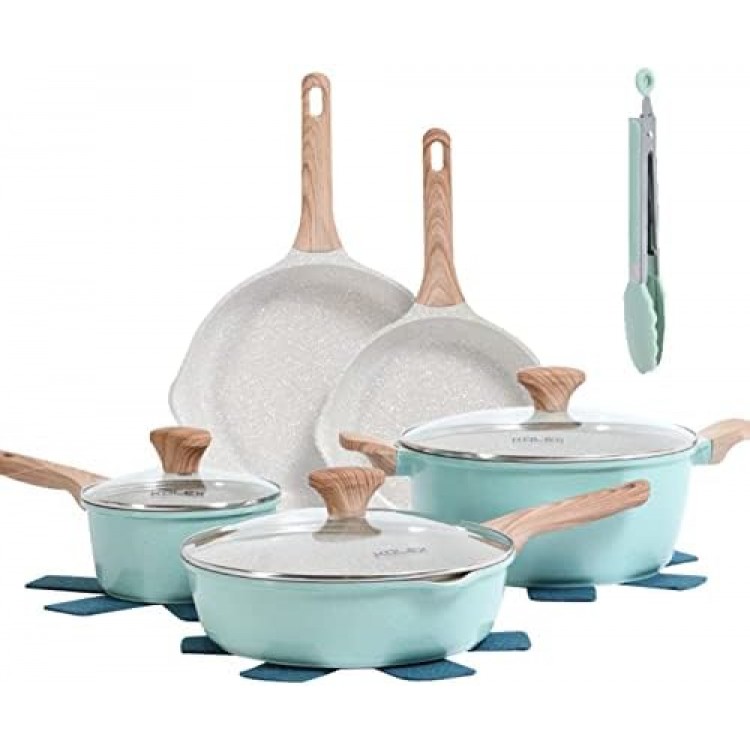 KOLEX Nonstick Cookware Sets,12-Piece Kitchenware Pots and Pans Set Granite Coating,Includes Frying Pans,Deep Frying pans,Stockpots And Cooking Tools,Suitable For All Stove ,100% PFOA Free,Turquoise.