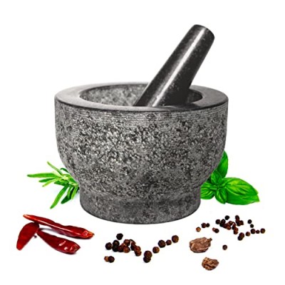 Granite Mortar and Pestle by HiCoup - Natural Unpolished Non Porous Dishwasher Safe Mortar and Pestle Set 6 Inch Large