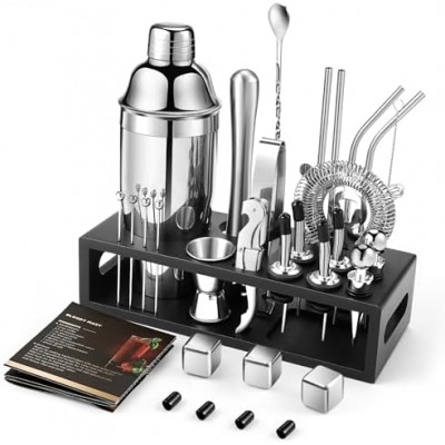Mixology Bartender Kit Bar Set with Bamboo Stand, 35pcs 24oz Cocktail Shaker Set Cocktail Kit, Professional Stainless Steel Bar Tool Set, Black