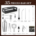 Mixology Bartender Kit Bar Set with Bamboo Stand, 35pcs 24oz Cocktail Shaker Set Cocktail Kit, Professional Stainless Steel Bar Tool Set, Black
