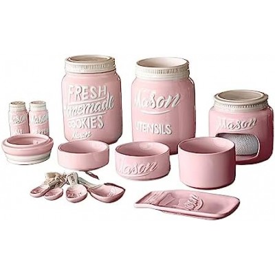 Mason Jar Kitchenware Set - Vintage Ceramic Kitchen Accessories Valentines Gift - Measuring Cups & Spoons, Spoon Rest, Salt & Pepper Shakers, Sponge Holder, Cookie Jar, Utensil Crock - 17-Piece Set