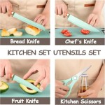 Cookware Set for Kitchen, 19 Kitchenware Set with 11 Non-Stick Silicone Heat Resistant Kitchen Gadgets, 5 Anti-Rust Stainless Steel Sharp Kitchen Knife Set, Scissors and Chopping Board