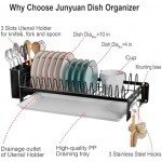 junyuan Wall Mount Dish Drying Rack, Hanging Dish Racks for Kitchen,Compact Dish Drainer with Drain Tray, Hooks, Utensil Holder for Various Kitchenware Rustproof Black
