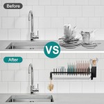 junyuan Wall Mount Dish Drying Rack, Hanging Dish Racks for Kitchen,Compact Dish Drainer with Drain Tray, Hooks, Utensil Holder for Various Kitchenware Rustproof Black