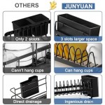 junyuan Wall Mount Dish Drying Rack, Hanging Dish Racks for Kitchen,Compact Dish Drainer with Drain Tray, Hooks, Utensil Holder for Various Kitchenware Rustproof Black