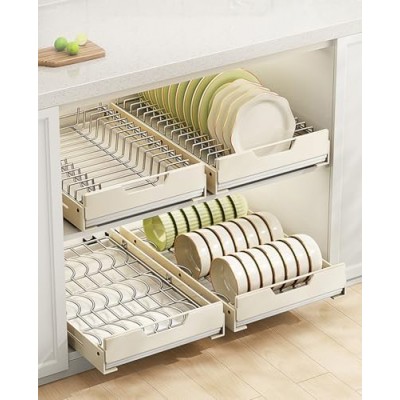 Pull Out Dish Racks Fixed with Adhesive Film, 2 Pack Pull Out Cabinet Organizer, Heavy Duty Slide Out Pantry Drawers for Kitchen Cabinet, Slide Out Drawer Organizer for Pantry (Bowl Dishes Rack)