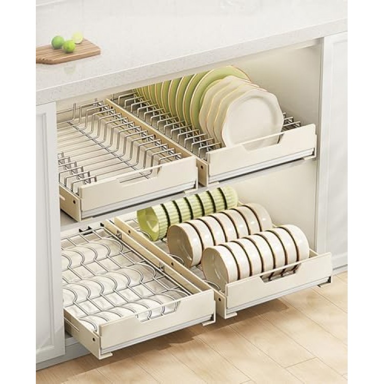 Pull Out Dish Racks Fixed with Adhesive Film, 2 Pack Pull Out Cabinet Organizer, Heavy Duty Slide Out Pantry Drawers for Kitchen Cabinet, Slide Out Drawer Organizer for Pantry (Bowl Dishes Rack)
