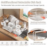 Expandable Dish Drying Rack, Over The Sink Retractable Dish Drying, Large Space Stainless Steel Dish Strainer with Cup & Utensil Holder
