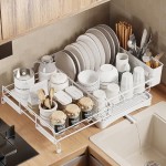 Expandable Dish Drying Rack, Over The Sink Retractable Dish Drying, Large Space Stainless Steel Dish Strainer with Cup & Utensil Holder