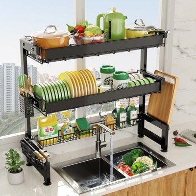 Over The Sink Dish Drying Rack, 3 Tier Over The Sink Dish Drainer Drying Rack, Large Capacity Over Sink Dish Rack with Cutting Board Holder, Multi-Functional Sink Rack for Kitchen Counter