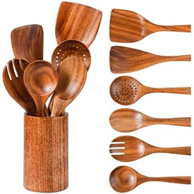 Kitchen Utensils Set, NAYAHOSE Wooden spoons for Cooking Non-stick Pan Kitchen Tool Wooden Cooking Spoons and Wooden utensil storage wooden barrel