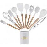 Silicone Kitchen Utensil Set,11Pcs White Silicone Kitchenware Kit Non‑Stick Kitchen Utensils with Storage Box Kitchen Utensils with Wooden Handle and Holder Silicone Kitchen Cooking Utensil Set
