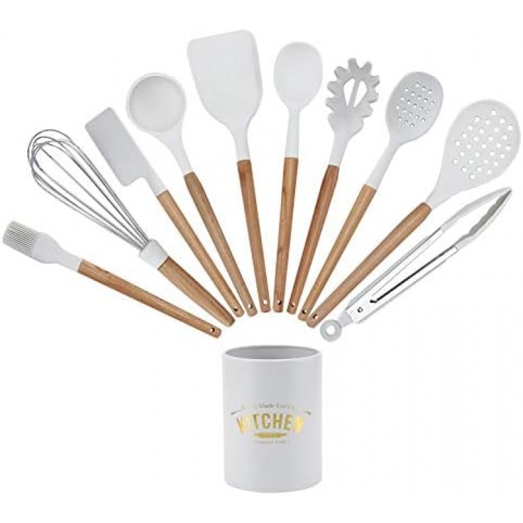Silicone Kitchen Utensil Set,11Pcs White Silicone Kitchenware Kit Non‑Stick Kitchen Utensils with Storage Box Kitchen Utensils with Wooden Handle and Holder Silicone Kitchen Cooking Utensil Set