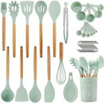 QMVESS Kitchen Utensils Set, 35 Pcs Non-Stick Silicone Cooking Utensils Set with Holder, Sturdy Wooden Handle, Heat Resistance Silicone Spatula Spoon Kitchen Gadgets Utensils Set (Light Green)