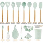 QMVESS Kitchen Utensils Set, 35 Pcs Non-Stick Silicone Cooking Utensils Set with Holder, Sturdy Wooden Handle, Heat Resistance Silicone Spatula Spoon Kitchen Gadgets Utensils Set (Light Green)