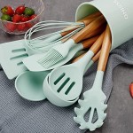 QMVESS Kitchen Utensils Set, 35 Pcs Non-Stick Silicone Cooking Utensils Set with Holder, Sturdy Wooden Handle, Heat Resistance Silicone Spatula Spoon Kitchen Gadgets Utensils Set (Light Green)
