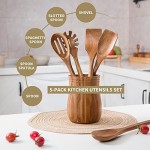 Exquisite Wooden Cooking Utensils For Kitchen, Set Of 5, 12 Inch Acacia Wood Kitchenware Tool Set, Cooking Gadgets Includes Spoon, Spoon Spatula, Spaghetti Spoon, Slotted Spoon, Shovel