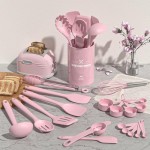 Umite Chef Kitchen Utensils Set, 22Pcs Silicone Cooking Utensils Set, Heat Resistance Silicone Ktchen Spatulas Set with Holder, Cooking Gadgets Tools Set for Nonstick Cookware, Dishwasher Safe(Pink)