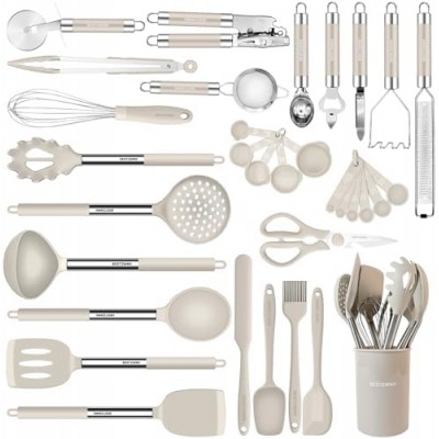 Kitchen Utensils Set-Silicone Cooking Utensils-32pcs Non-Stick Silicone Cooking Kitchen Utensils Spatula Set with Holder-Best Kitchen Cookware with Stainless Steel Handle (Khaki)