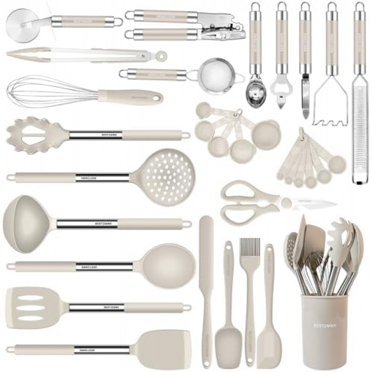 Kitchen Utensils Set-Silicone Cooking Utensils-32pcs Non-Stick Silicone Cooking Kitchen Utensils Spatula Set with Holder-Best Kitchen Cookware with Stainless Steel Handle (Khaki)