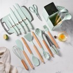 19 Piece Silicone Kitchenware Utensil Set Silicone Kitchen Utensils Set Heat Resistant Non-Stick Cooking Tool with Wooden Handles Silicone Cookware Set BPA Free,19pcs, Aqua