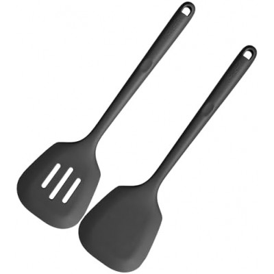 U-Taste 34.5cm Cooking Turners: 315℃ Heat Resistant Solid & Slotted Silicone Spatula Flipper, 9.5cm Wide & Large Rubber Kitchen Utensil for Nonstick Cookware (Black, 2 PCS)