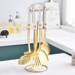 7 Pcs 304 Stainless Steel Kitchen Utensils Set with Heat Resistant Ceramic Handle Metal Cooking Utensils Kitchenware Cookware Set Dishwasher Safe with Hanging Shelf BPA Free, White Gold