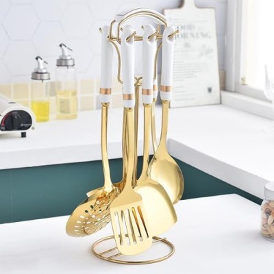 7 Pcs 304 Stainless Steel Kitchen Utensils Set with Heat Resistant Ceramic Handle Metal Cooking Utensils Kitchenware Cookware Set Dishwasher Safe with Hanging Shelf BPA Free, White Gold