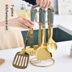 7 Pcs 304 Stainless Steel Kitchen Utensils Set with Heat Resistant Ceramic Handle Metal Cooking Utensils Kitchenware Cookware Set Dishwasher Safe with Hanging Shelf BPA Free, White Gold