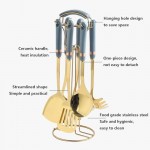 7 Pcs 304 Stainless Steel Kitchen Utensils Set with Heat Resistant Ceramic Handle Metal Cooking Utensils Kitchenware Cookware Set Dishwasher Safe with Hanging Shelf BPA Free, White Gold