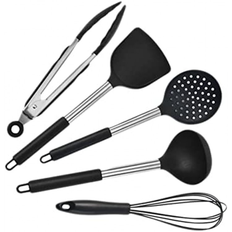 CIYODO 5pcs Silicone Cookware Heat Resistant Kitchen Cooking Utensil Kitchen Baking Supplies Dishwasher Kit Kitchen Utensil Practical Kitchenware Nonstick Cooking Supplies Black