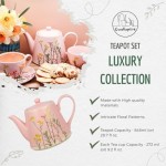 Cookspire Porcelain Tea Set - Modern Pink Tea pot (28.7 fl oz) and 2 Tea Cups with Saucers (9.2 fl oz) with Floral Design, Quality Craftsmanship for Tea Time, Ideal Tea Gift Set