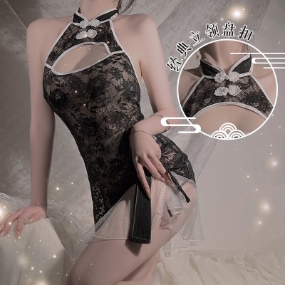 Guiruo Ancient Style Standing Neck Qipao Plate Buckle Perspective Mesh Jacquard Lace Sexy Backless Pure Desire Uniform Set 3681