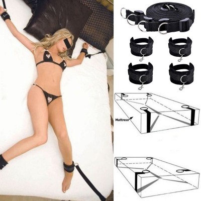 Black plush bed straps for couples to flirt with and play with, bed bound handcuffs for couples to have sex toys