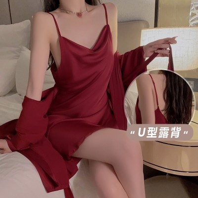 Guiruo Sexy Stacked Collar Silk Smooth Satin High Split Open Back Seduction Sling Sleeping Dress Outer Robe Home Set 1910