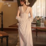 Guiruo Sexy Backless Seduction Lace Sweet Pajamas with Breast Pads Pajama Skirt Mesh Outer Robe Home Suit Set 2238