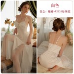 Guiruo Brand's Simple and Comfortable Satin Deep V Lace Chest Cushion Sexy Long Sleeping Dress Temptation Home Sleeping Dress J2792