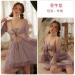 Gorgeous Spring and Summer Sexy Open Back Sexy Satin Suspended Sleeping Dress Mesh Outer Robe Women's Home Furnishing Set J3182