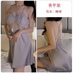 Ruo Ruo Pure Lust Wind Lace Backless Temptation with Chest Pads Gathered Strap Sleeping Dress High Grade Robe Home Set 3124