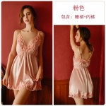 Guiruo Brand Sexy Deep V Long Sleeve Lace up Nightgown Satin Lace Suspended Dress Nightwear Women's Home Furnishing Set 267