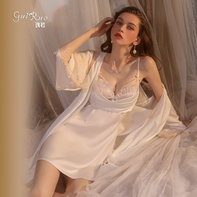 Guiruo backless seductive pajamas, solid color pleated, slimming suspender dress, tie up outer robe, comfortable home clothing set 2063