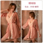 Guiruo Brand Sexy Deep V Open Back Pajamas Split Hanging Pajama Dress Lace up Outer Robe Women's Home Furnishing Set 893