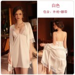 Guiruo brand satin patchwork lace cardigan with middle sleeve tie up pajamas, bathrobes, women's home clothing set, hair on behalf of 245