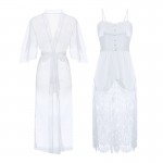Guiruo Long Lace Suspended Pajama Dress Sweet and Comfortable Sleepwear Lace up Outer Robe Solid Color Women's Home Furnishing Set 2222