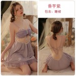 Gorgeous Spring and Summer Sexy Open Back Sexy Satin Suspended Sleeping Dress Mesh Outer Robe Women's Home Furnishing Set J3182